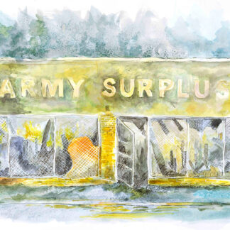 Watercolor of Sandpoint Army surplus fire