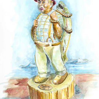 Watercolor of Ponderay Pete carving