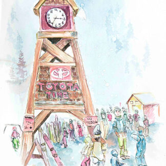 Watercolor of the Toyota Clock Tower in Schweitzer Village